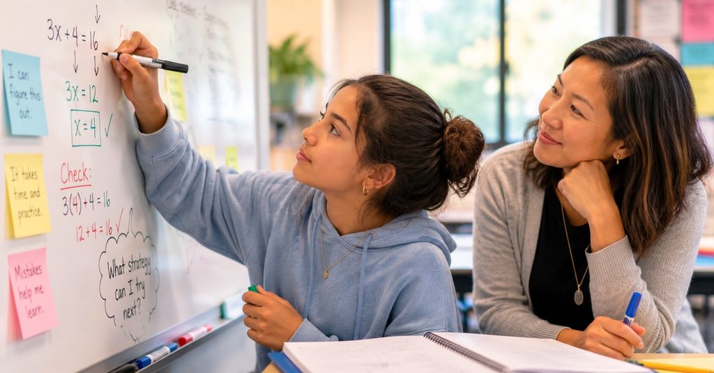 Student working through a challenging problem with support from a teacher