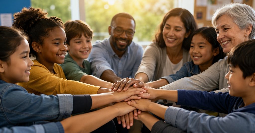 Students, educators, and family members joining hands to represent learning through partnerships