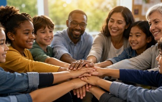 Students, educators, and family members joining hands to represent learning through partnerships
