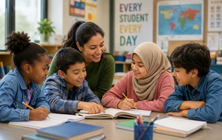 Teacher supporting multilingual learners working together in an inclusive classroom