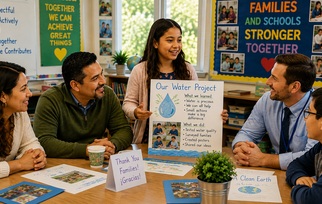 Student sharing a classroom project with family members, a teacher, and a classmate during a classroom-based event