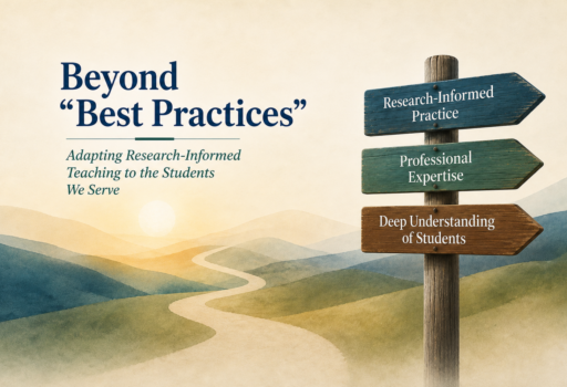 Signposts pointing toward research-informed practice, professional expertise, and deep understanding of students against an abstract mountain landscape.