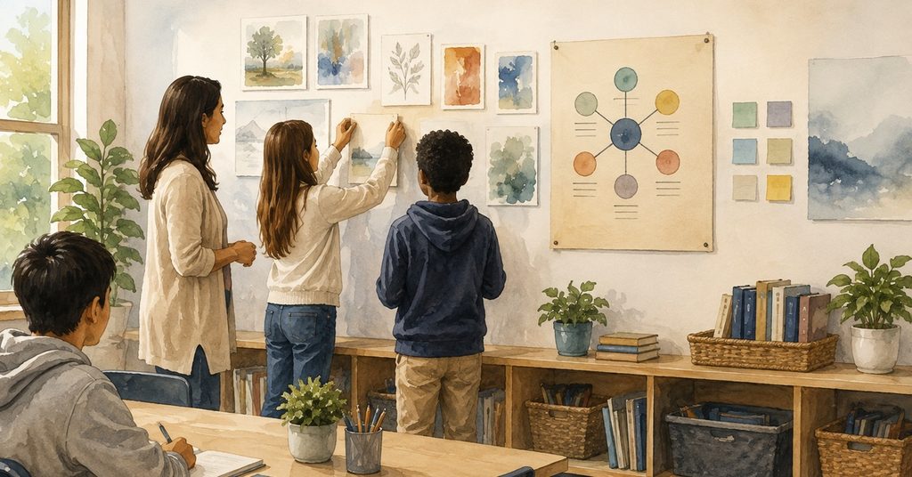 Teacher and students using a classroom wall to display and organize learning