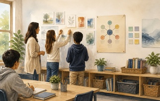 Teacher and students using a classroom wall to display and organize learning 