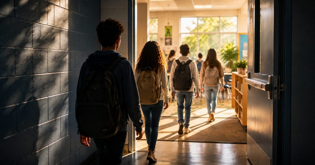 Students moving from a school hallway into a welcoming classroom after a period of disrupted learning