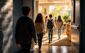 Students moving from a school hallway into a welcoming classroom after a period of disrupted learning